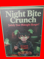 Frightening cereal box with 'Night Bite Crunch' branding on a white background