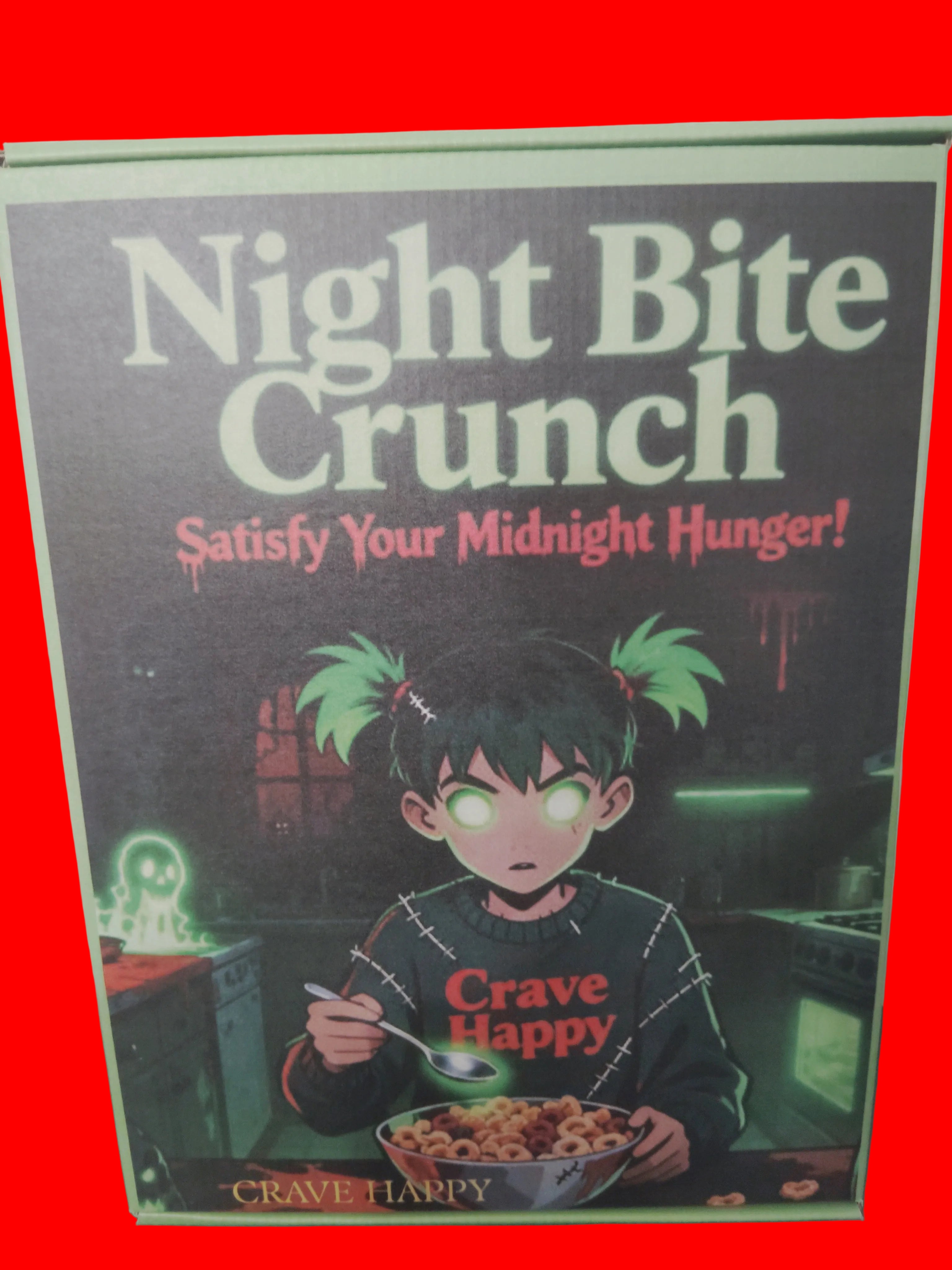 Frightening cereal box with 'Night Bite Crunch' branding on a white background