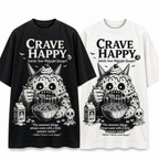 Black and white t-shirts with a monster graphic and 'Crave Happy' text on a white background.
