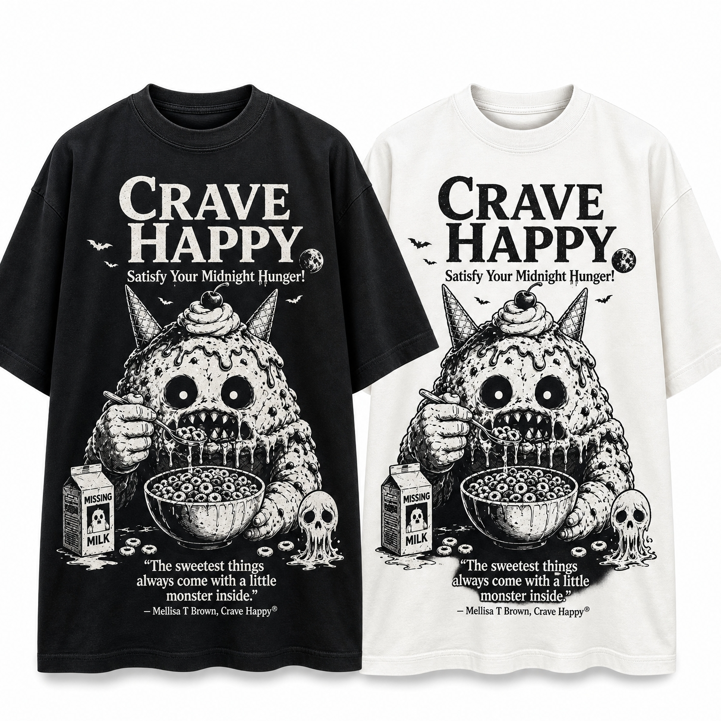Black and white t-shirts with a monster graphic and 'Crave Happy' text on a white background.