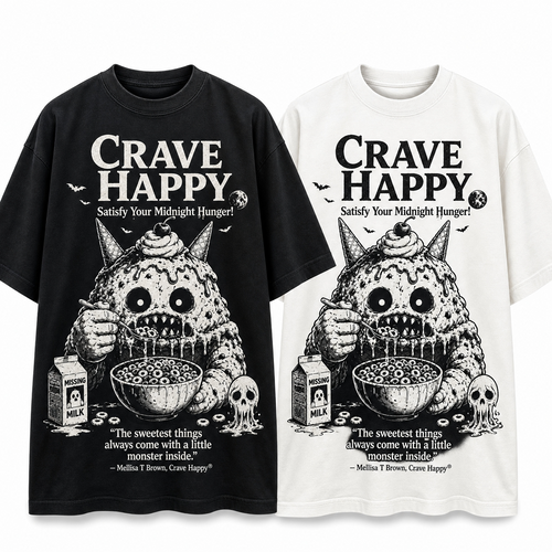 Black and white t-shirts with a monster graphic and 'Crave Happy' text on a white background.