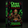 Cereal box with mummy design and 'Crave Happy' branding on a dark background