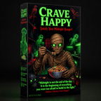 Cereal box with mummy design and 'Crave Happy' branding on a dark background