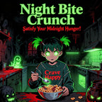 Illustration of a character eating cereal with a spooky kitchen background, featuring the text 'Night Bite Crunch' and 'Crave Happy'.