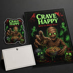 Poster and sticker set with mummy design and 'Crave Happy' text on a dark background
