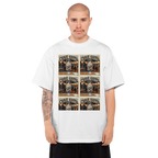 Person wearing a white t-shirt with graphic design on a white background