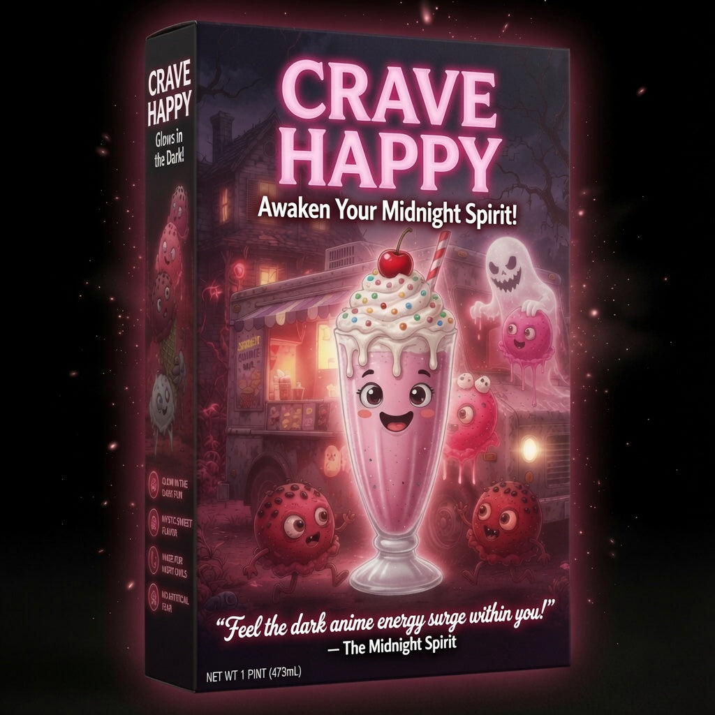 Box of 'Crave Happy' with a pink milkshake character and ghostly figures on a dark background.
