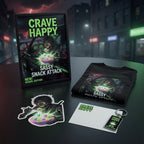 Glowing 'Crave Happy' merchandise including a poster, t-shirt, sticker, and keychain on a dark surface with a cityscape background.