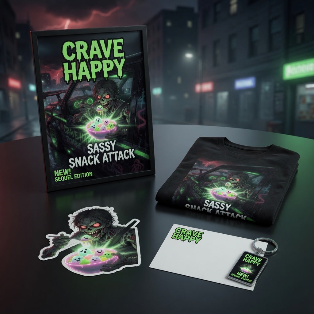 Glowing 'Crave Happy' merchandise including a poster, t-shirt, sticker, and keychain on a dark surface with a cityscape background.